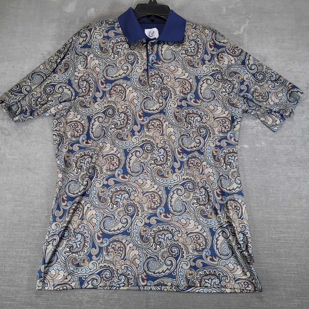 Kilburne‎ Finch Mens Large Blue Paisley Short Sleeve Performance Polo Shirt L